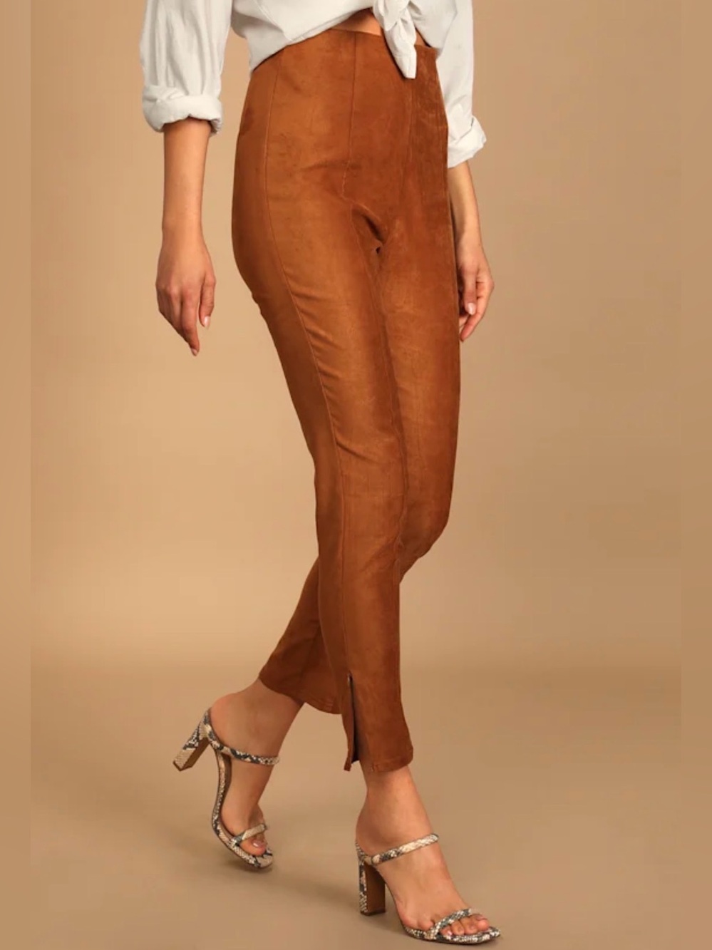 Lulus Dear Friends Camel Vegan Suede High Waisted Pants Brown - Size XS
